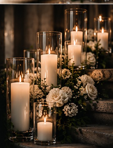 Pillar candles in clear glass hurricanes beside flowers