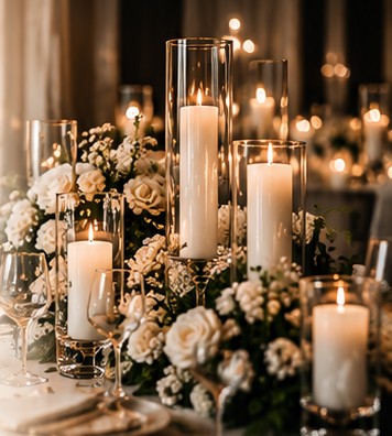 Candlelit event table with white flowers and glass cylinders