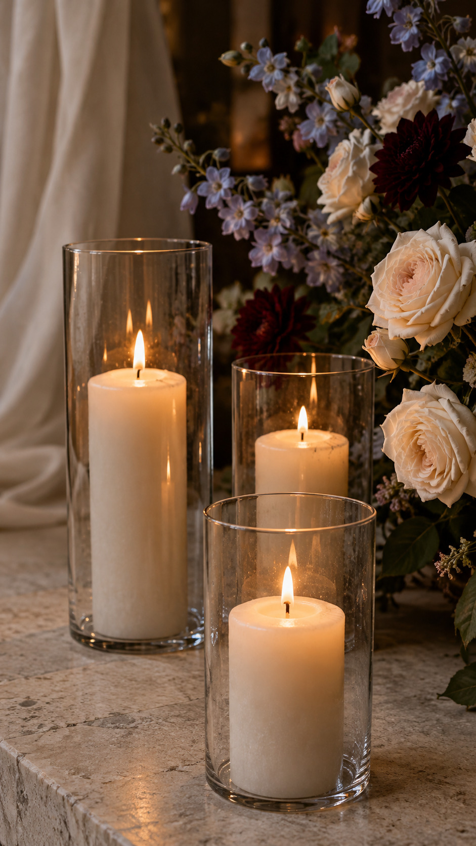 Ivory pillar candles in clear glass cylinders beside cream, blue, and burgundy floral arrangements.