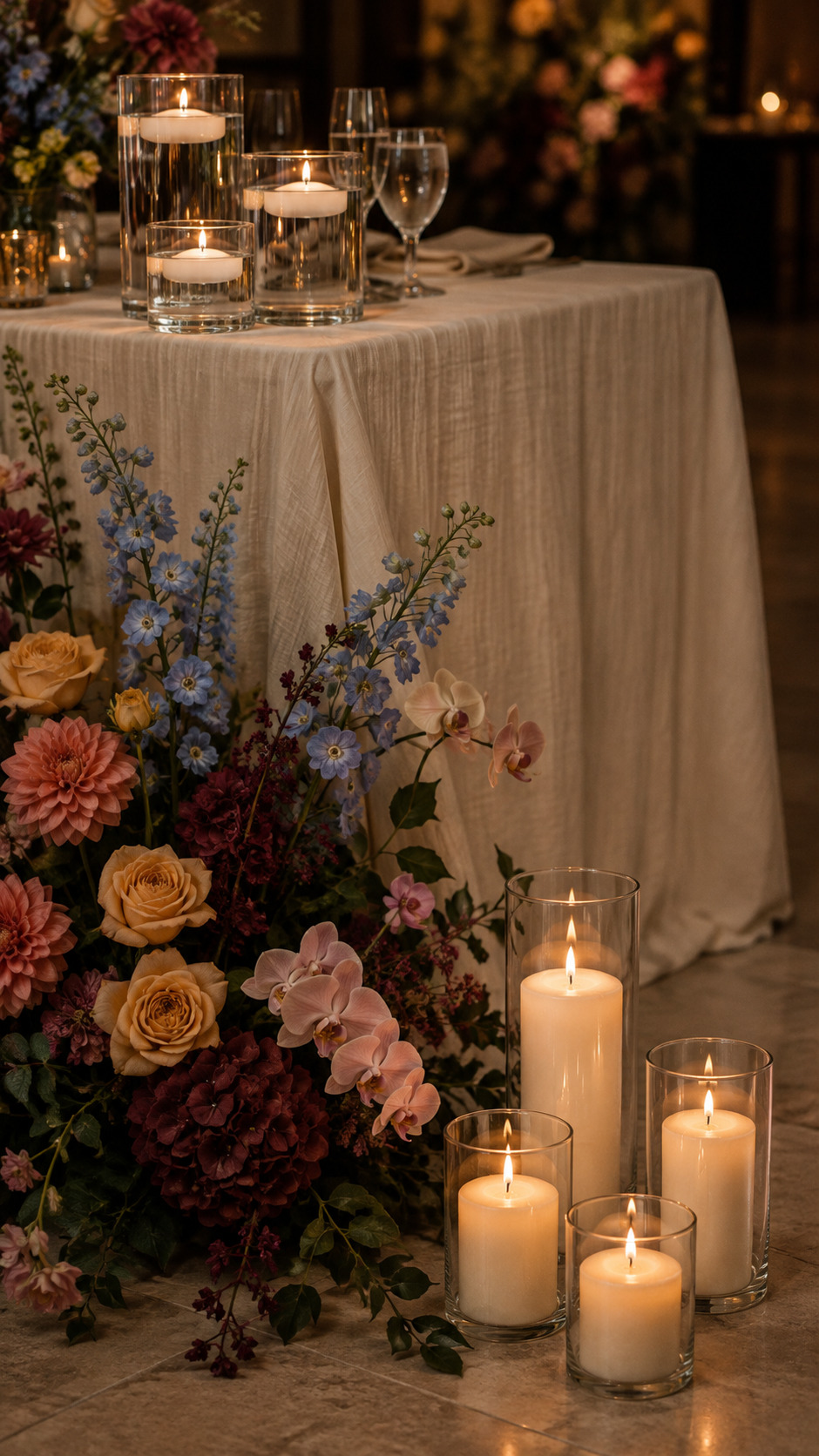 Ivory pillar candles in clear cylinders beside florals and a softly lit reception table.