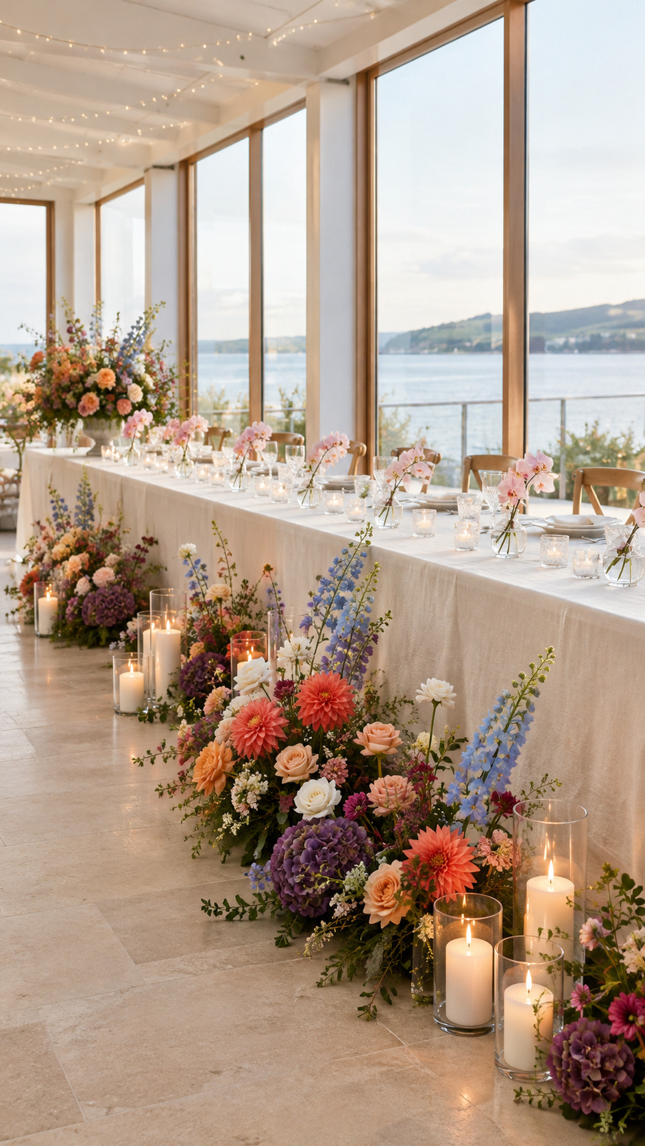 Bright waterfront reception with long white table, colorful florals, and glowing floor pillar candles.