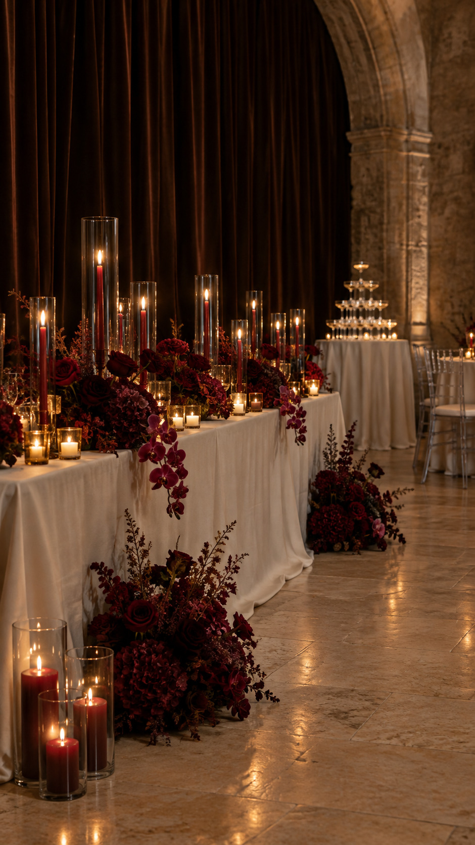Dramatic burgundy candle installation with tall candles and dark florals beside a long reception table.