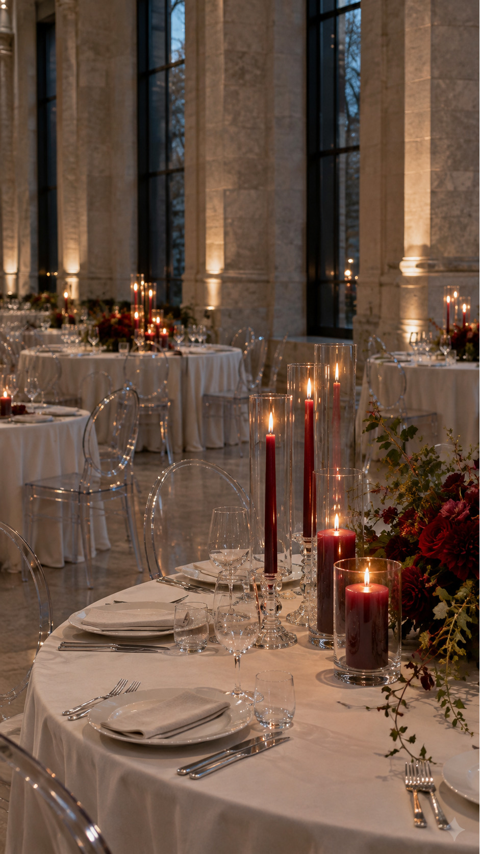 Formal stone-column reception with burgundy pillar and taper candles beside white tables.