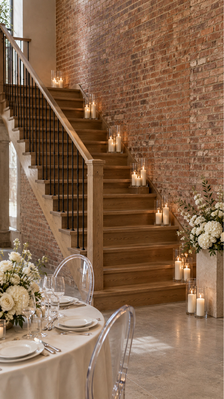 Wooden staircase with ivory pillar candles in glass cylinders, exposed brick, and white floral arrangements.