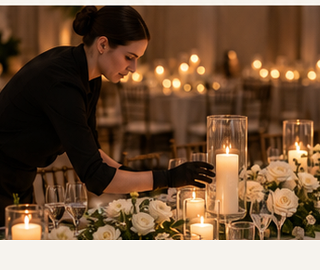 Illustrative event professional positioning clear glass candle vessels during setup.