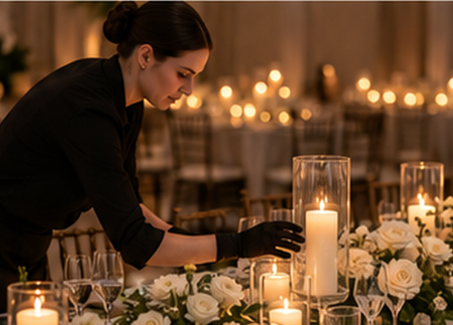 Illustrative event stylist arranging glass candle holders on a decorated reception table.