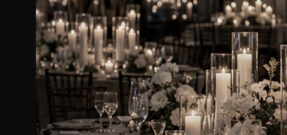Illustrative flameless candle alternative in an event arrangement.