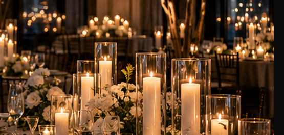 Illustrative live-flame pillar candle enclosed in glass.