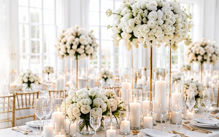 Illustrative bright white wedding reception with white florals and layered glass candlelight.